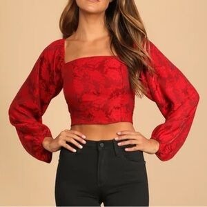 With All This Cheer Red Floral Jacquard Lace-Up Top